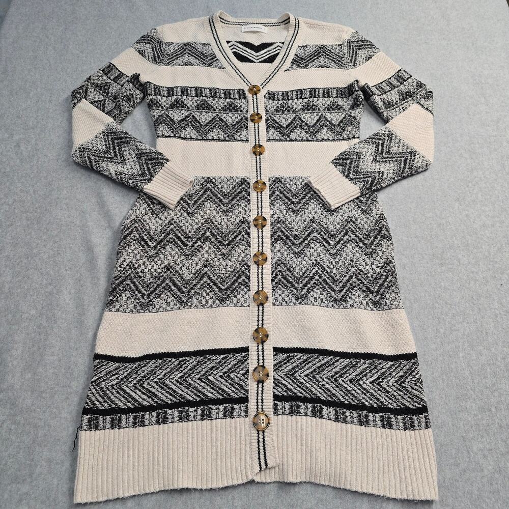 Lucky Brand Long Cardigan Sweater M Ivory Black Fair Isle Boho Duster Soft Cozy - Picture 4 of 9